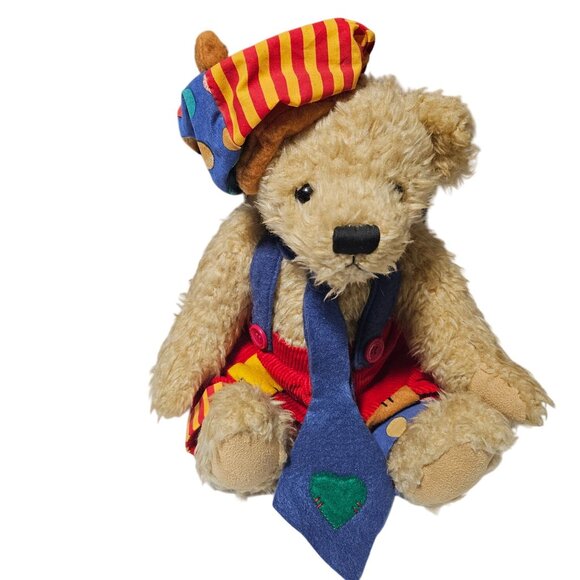 Dan Dee Teddy Bear 10 inch Plush Jointed Arms Tie Hat Overalls Stuffed Animal - Picture 1 of 8